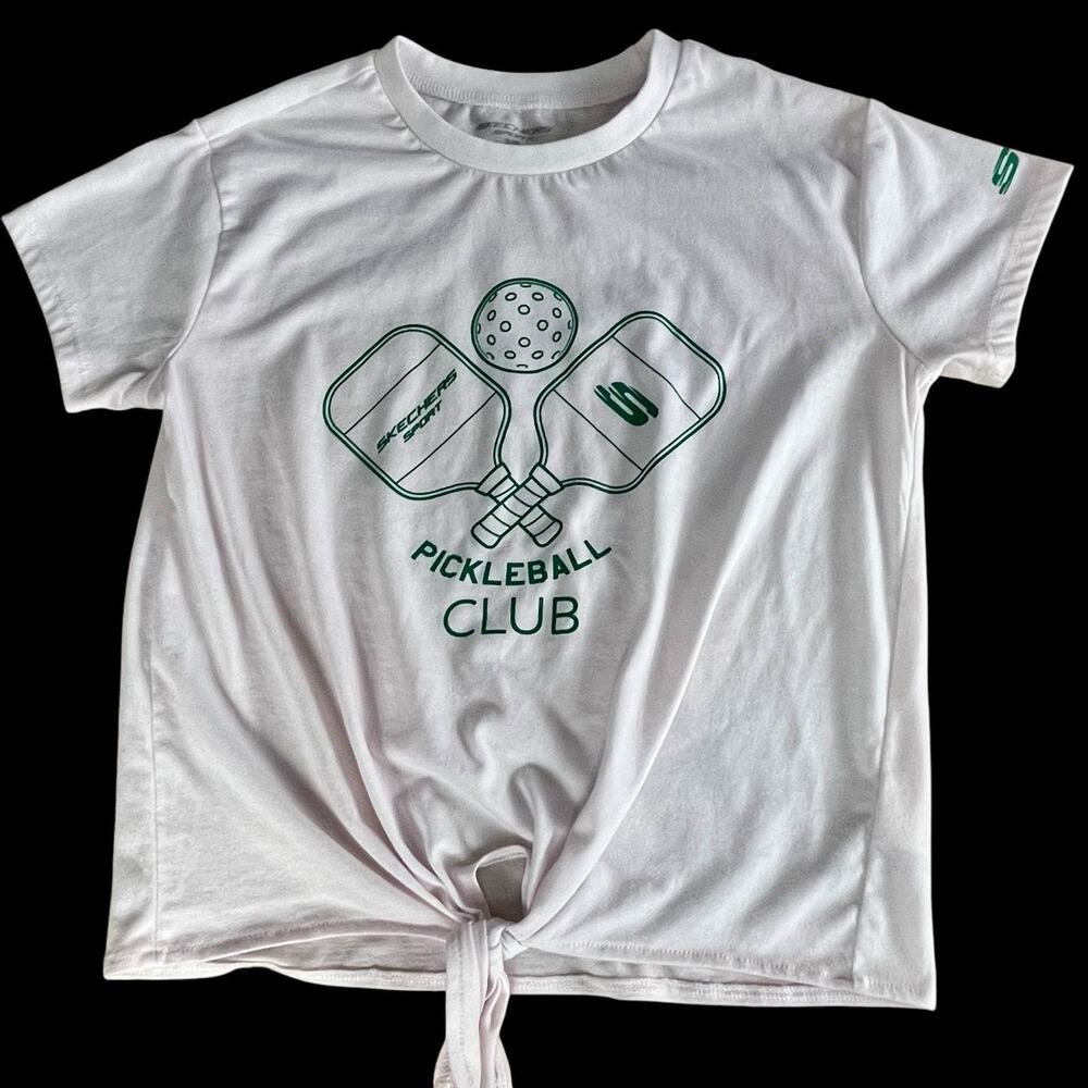 Skechers Sport Girls Size 7-8 Pickleball Club Pink Green T Shirt Tie Front EUC